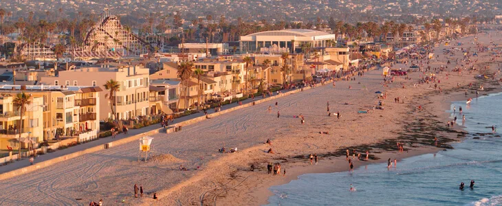 Aerial view of a sunny day in Mission Beach, San Diego